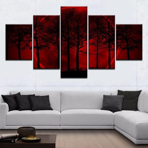 23337-NF Red Moon Tree Forest Nature - 5 Panel Canvas Art Wall Decor