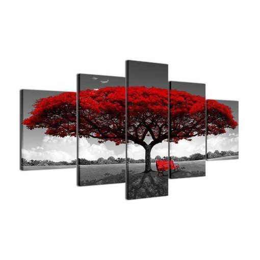 22489-NF Red Tree Scenery Landscape Nature - 5 Panel Canvas Art Wall Decor