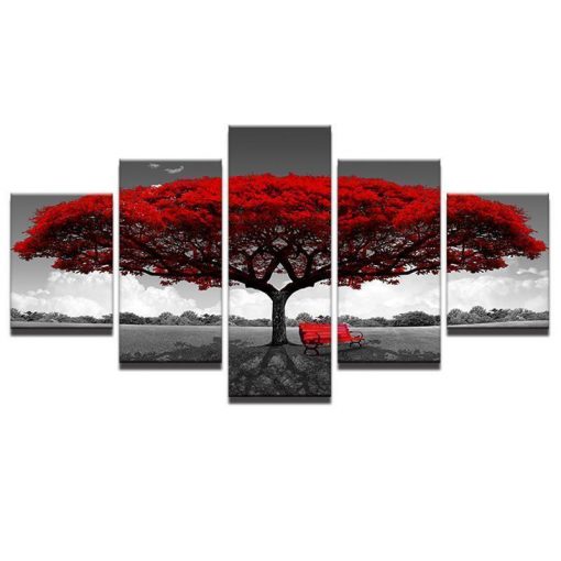 22489-NF Red Tree Scenery Landscape Nature - 5 Panel Canvas Art Wall Decor