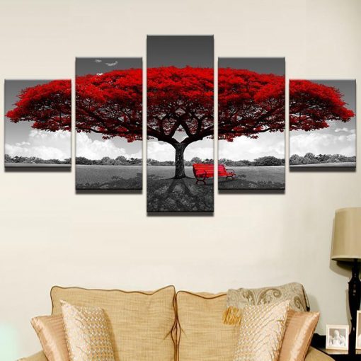 22489-NF Red Tree Scenery Landscape Nature - 5 Panel Canvas Art Wall Decor