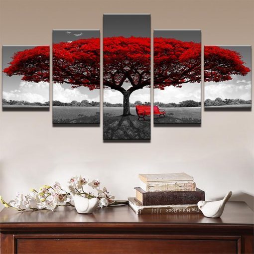 22489-NF Red Tree Scenery Landscape Nature - 5 Panel Canvas Art Wall Decor