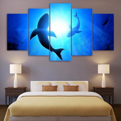 23319-NF Shark In The Blue Sea Ocean - 5 Panel Canvas Art Wall Decor