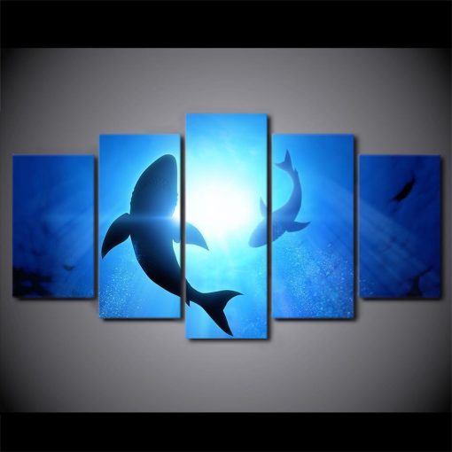 23319-NF Shark In The Blue Sea Ocean - 5 Panel Canvas Art Wall Decor