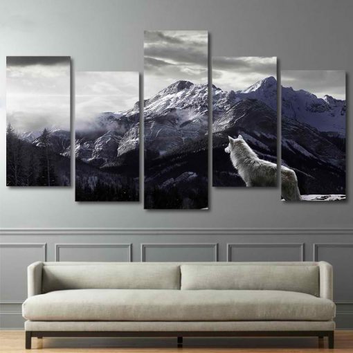 22312-NF Snow Mountain Plateau Wolf Nature - 5 Panel Canvas Art Wall Decor