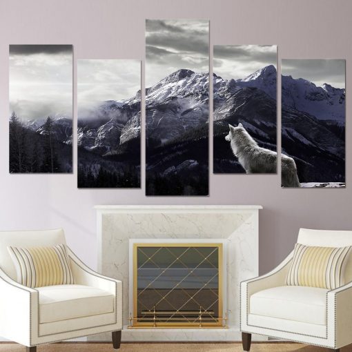 22312-NF Snow Mountain Plateau Wolf Nature - 5 Panel Canvas Art Wall Decor