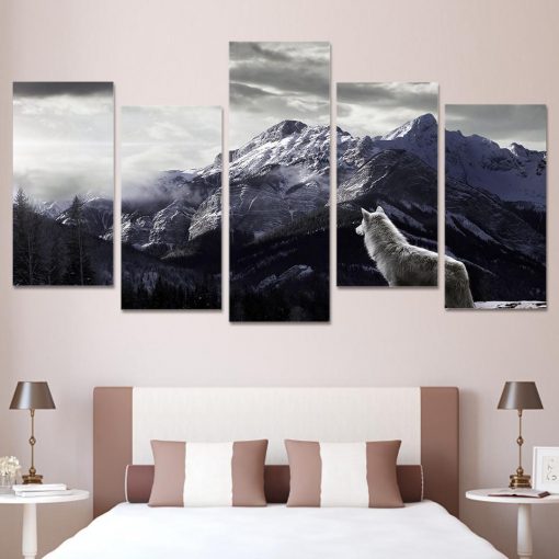 22312-NF Snow Mountain Plateau Wolf Nature - 5 Panel Canvas Art Wall Decor