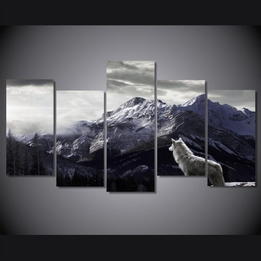 22312-NF Snow Mountain Plateau Wolf Nature - 5 Panel Canvas Art Wall Decor