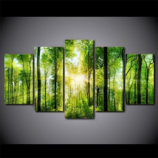 22912-NF Spring Verdurous Forest Painting Green Trees Nature - 5 Panel Canvas Art Wall Decor