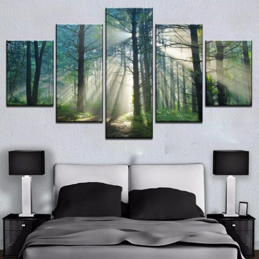 23292-NF Sun Green Tree Forest Nature - 5 Panel Canvas Art Wall Decor