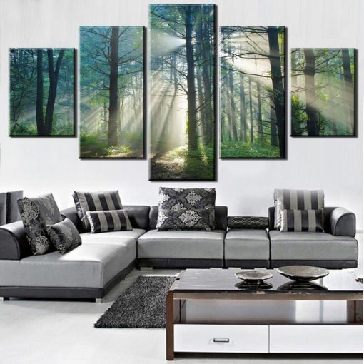 23292-NF Sun Green Tree Forest Nature - 5 Panel Canvas Art Wall Decor