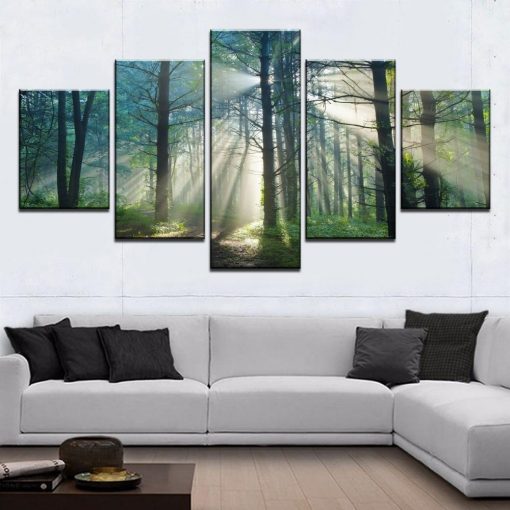 23292-NF Sun Green Tree Forest Nature - 5 Panel Canvas Art Wall Decor