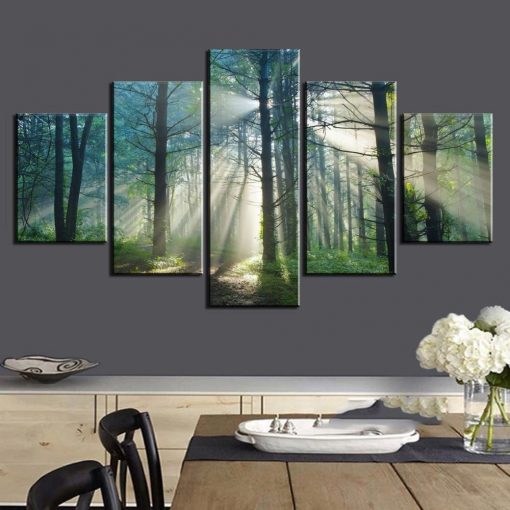 23292-NF Sun Green Tree Forest Nature - 5 Panel Canvas Art Wall Decor