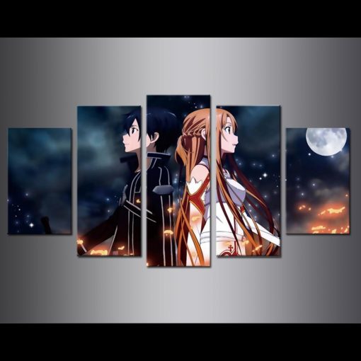 23275-NF Sword Art Online Kirito And Asuna 6 Anime - 5 Panel Canvas Art Wall Decor
