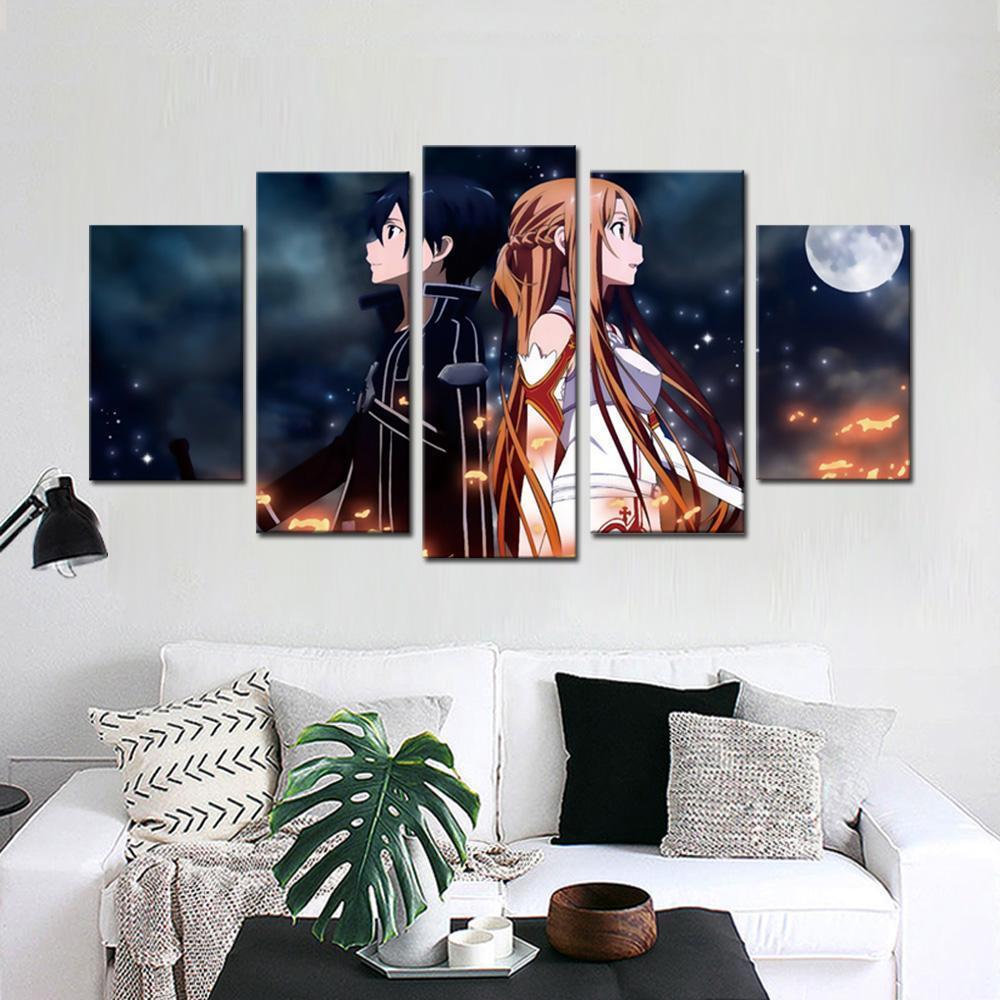 5 Panel Sword Art Online Animation Canvas Printed Painting Wall Art 
