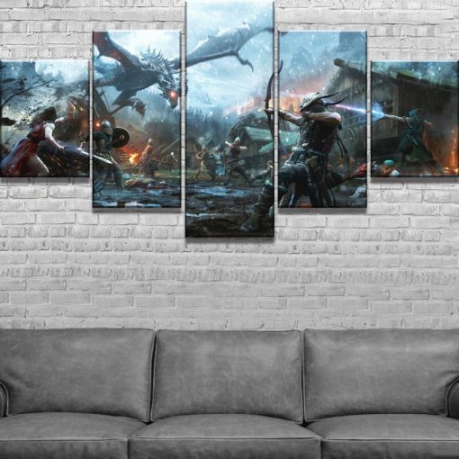 22682-NF The Elder Scrolls V Skyrim Dragon Battle Gaming - 5 Panel Canvas Art Wall Decor