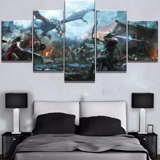 22682-NF The Elder Scrolls V Skyrim Dragon Battle Gaming - 5 Panel Canvas Art Wall Decor