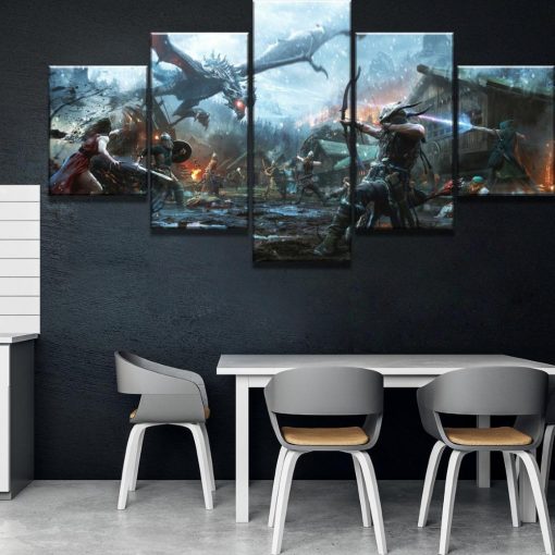 22682-NF The Elder Scrolls V Skyrim Dragon Battle Gaming - 5 Panel Canvas Art Wall Decor