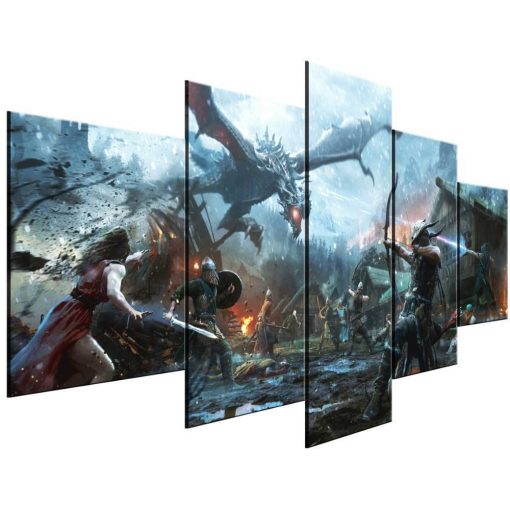 22682-NF The Elder Scrolls V Skyrim Dragon Battle Gaming - 5 Panel Canvas Art Wall Decor