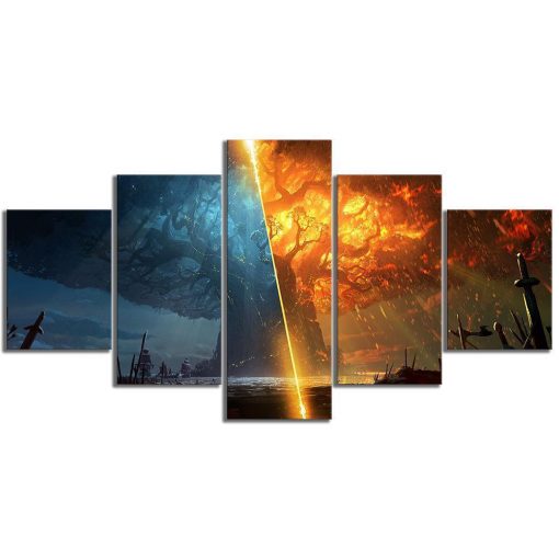 22882-NF The World Tree Fire/Ice World of Warcraft Gaming - 5 Panel Canvas Art Wall Decor