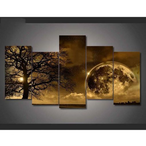 22876-NF Tree Moon Landscape Nature - 5 Panel Canvas Art Wall Decor