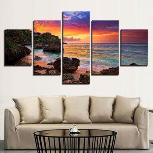 23250-NF Tropical Beach Sunset Ocean - 5 Panel Canvas Art Wall Decor