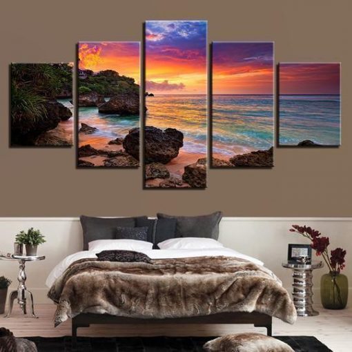 23250-NF Tropical Beach Sunset Ocean - 5 Panel Canvas Art Wall Decor