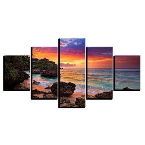 23250-NF Tropical Beach Sunset Ocean - 5 Panel Canvas Art Wall Decor