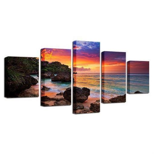 23250-NF Tropical Beach Sunset Ocean - 5 Panel Canvas Art Wall Decor