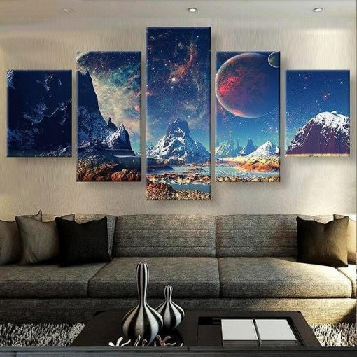 22873-NF Universe And Mountain Landscape Space Universe - 5 Panel Canvas Art Wall Decor
