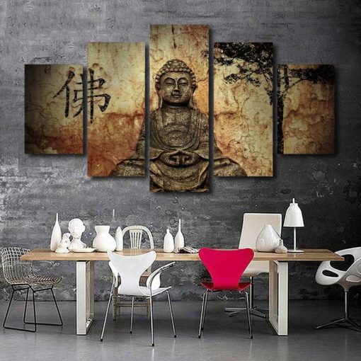23234-NF Vintage Zen Buddha Combine Paintings Religion - 5 Panel Canvas Art Wall Decor