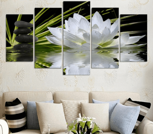 23233-NF White Lotus Flower Nature - 5 Panel Canvas Art Wall Decor