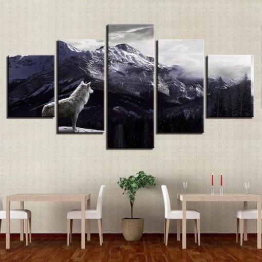 23229-NF Wolf Mountain 2 Animal - 5 Panel Canvas Art Wall Decor