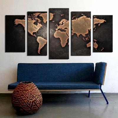 22862-NF World Map Painting Nature Landscape - 5 Panel Canvas Art Wall Decor